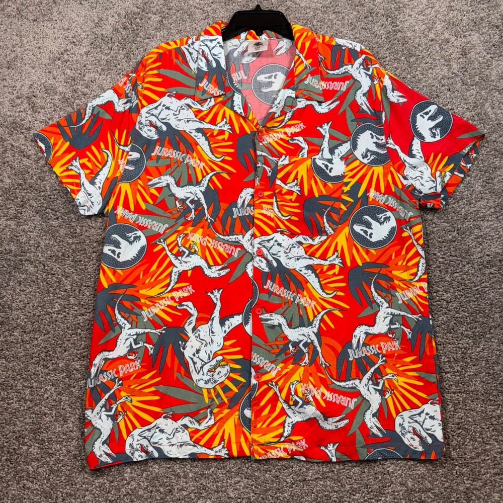 Jurassic Park Button Up Shirt Men XXL Raptor All Over Print Rayon Orange NEW